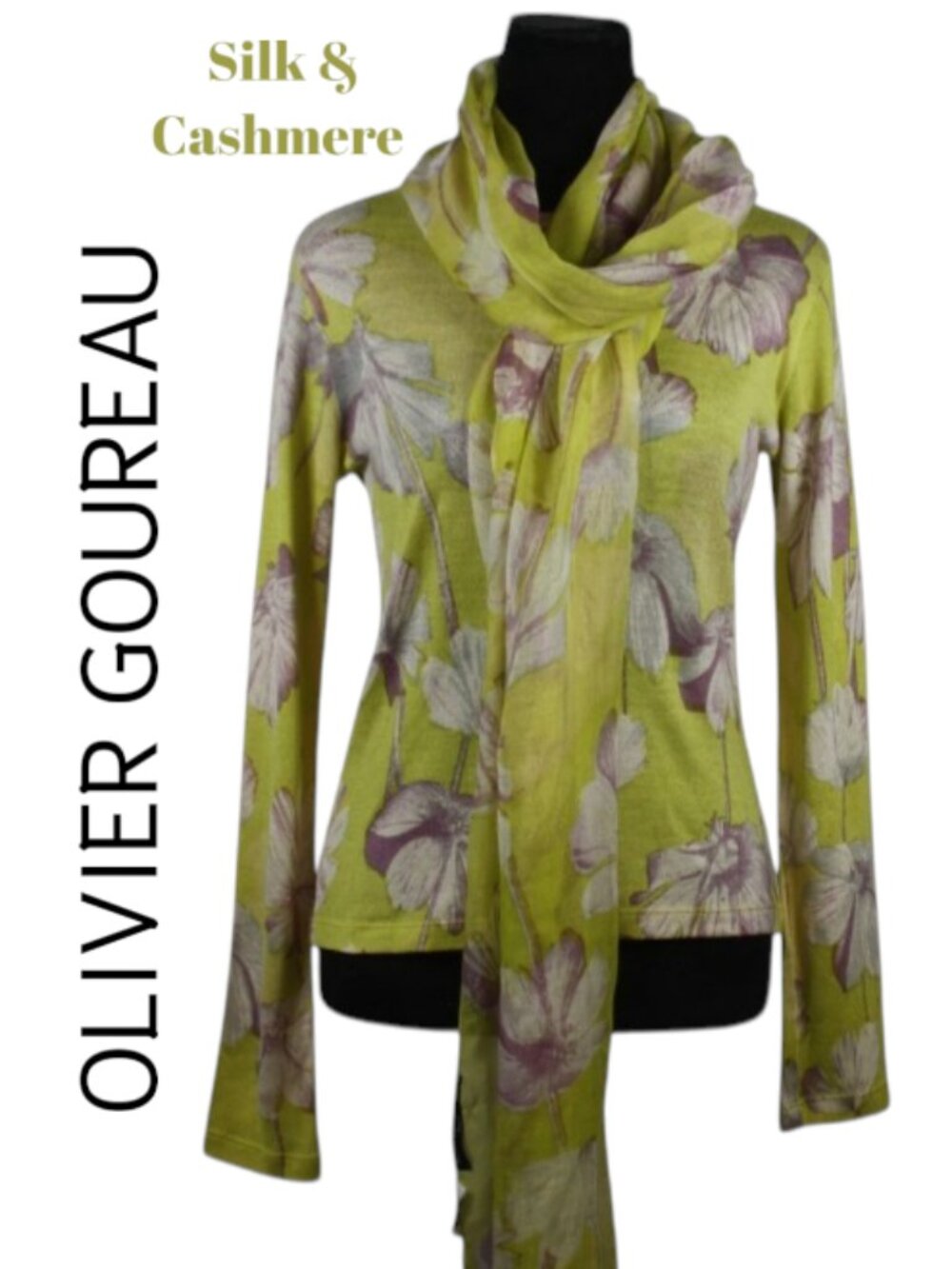 Olivier Goureau Paris Silk/Cashmere Blend Floral Sweater w/ Matching Pashmina L